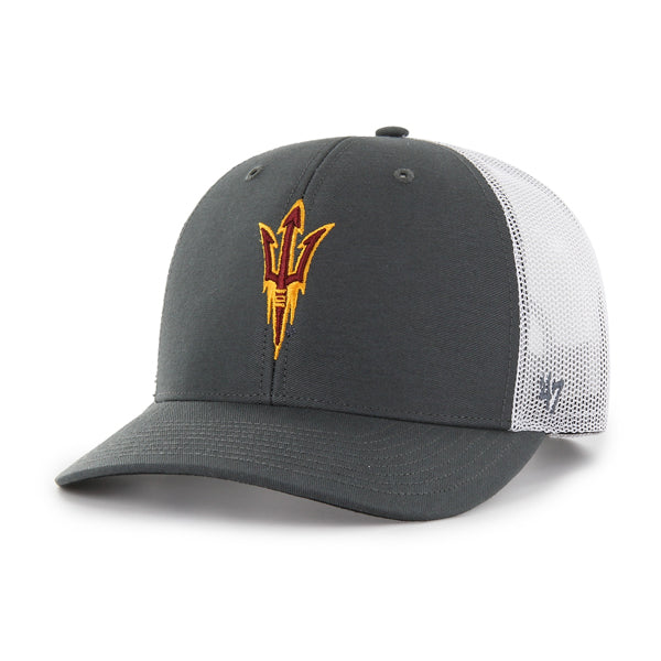 Gray and white cap with a pitchfork logo on front