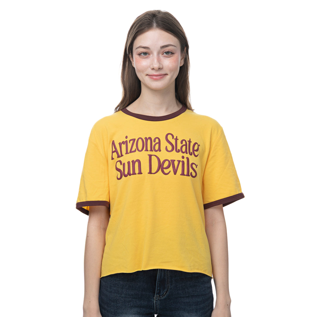 Gold tee that says Arizona State Sun Devils in maroon with maroon across the chest