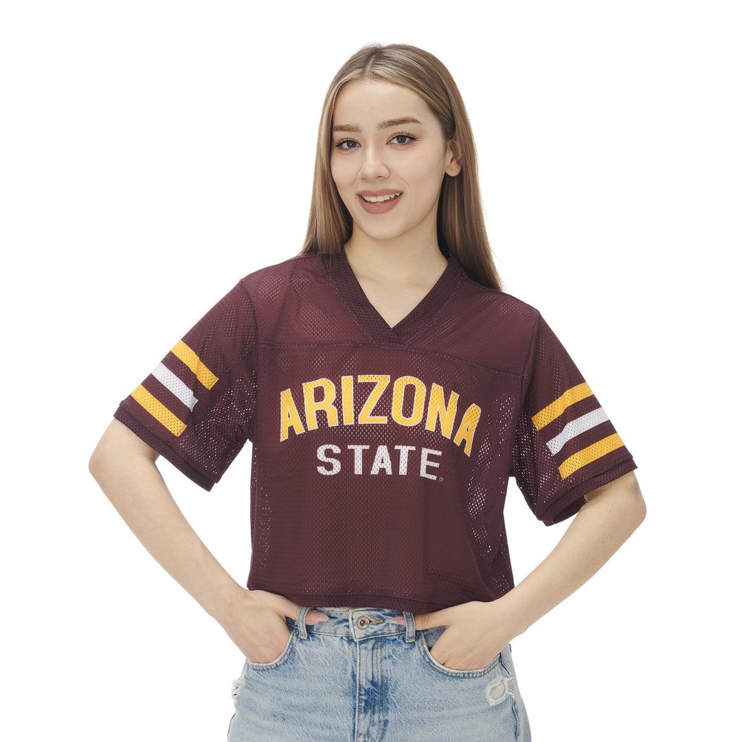 Maroon mesh ladies jersey with Arizona State and stripes on the sleeves