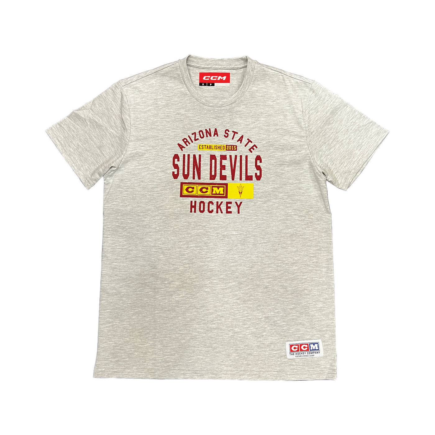 Grey tee with 'Arizona State' arched over 'Established 2015 Sun Devils CCM Hockey' in maroon with a pitchfork.