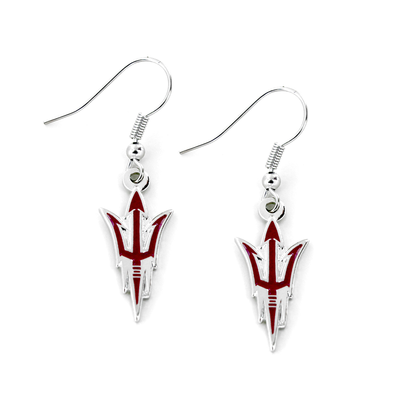 maroon pitchfork with silver outline earring