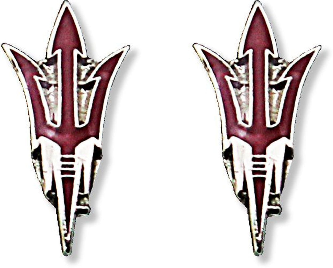 maroon pitchfork with silver outline earring