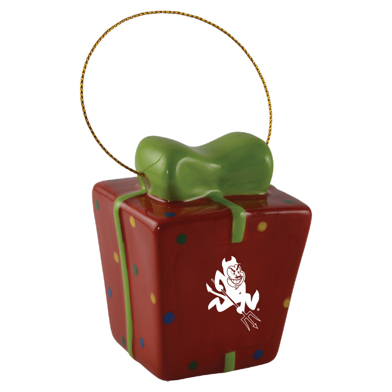 Red gift box with green ribbon and a white logo on a white background