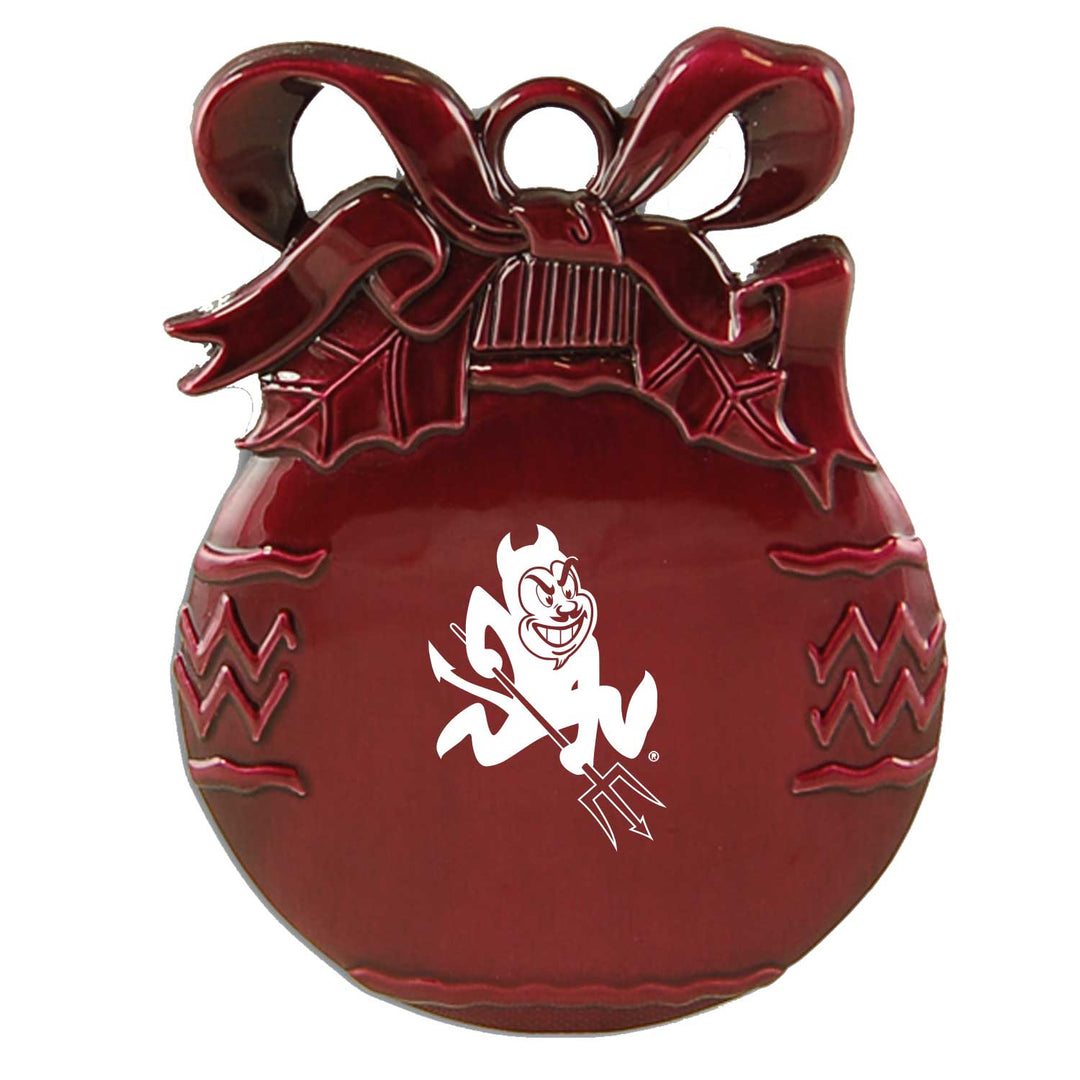 Maroon ornament with a white logo on a white background