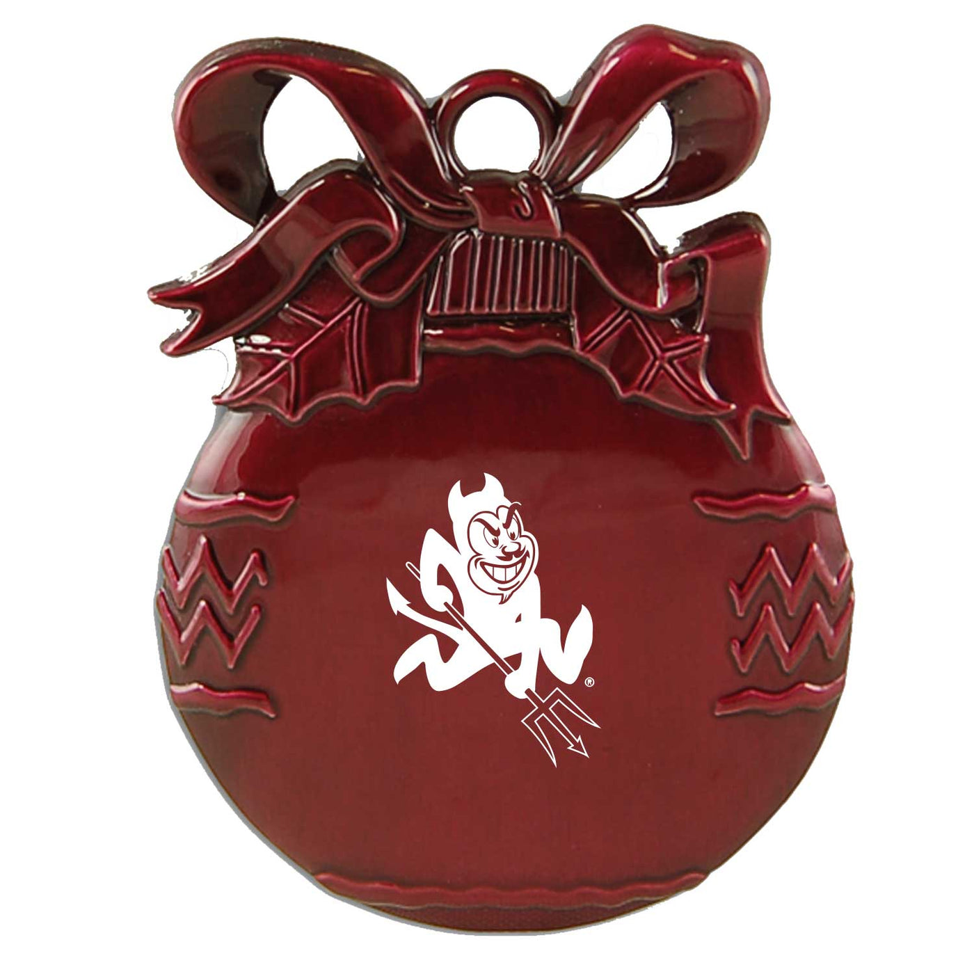 Maroon ornament with a white logo on a white background