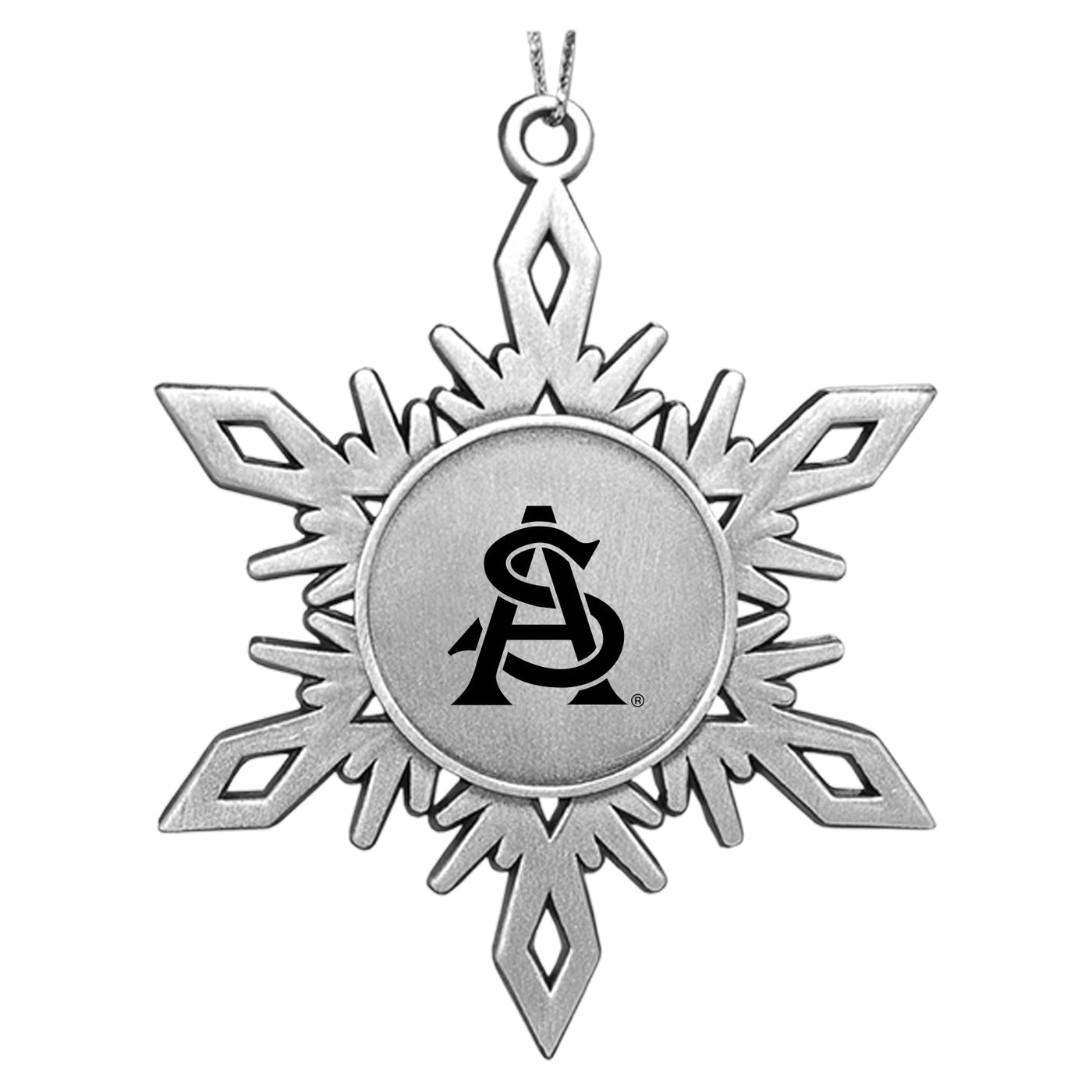 Silver snowflake-shaped pendant with a logo on a white background