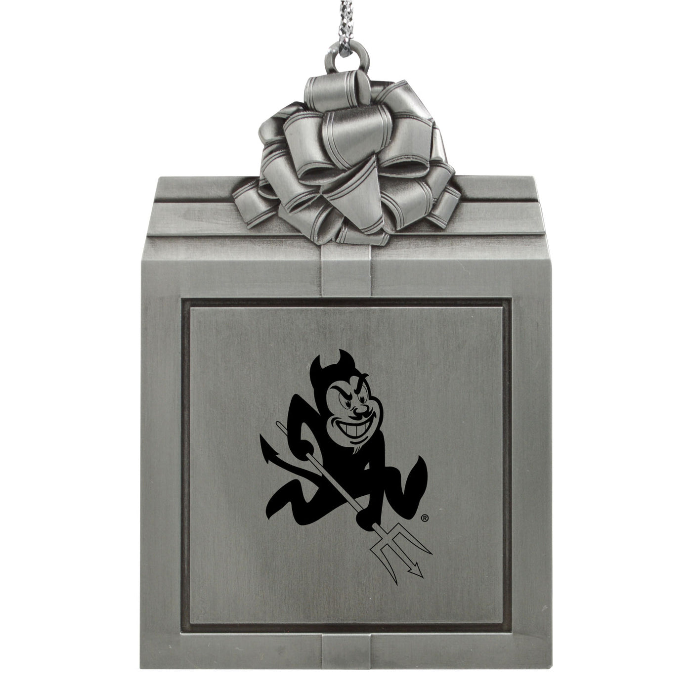 Metallic gift box ornament with a cartoon devil design and bow on top.