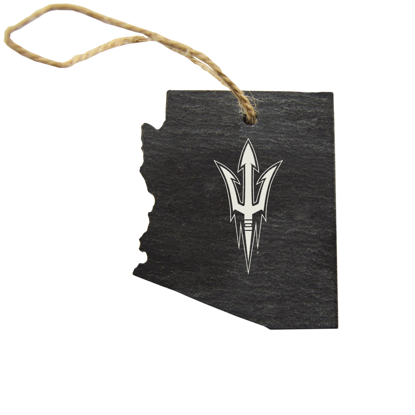 Slate Arizona-shaped ornament with a logo on a white background