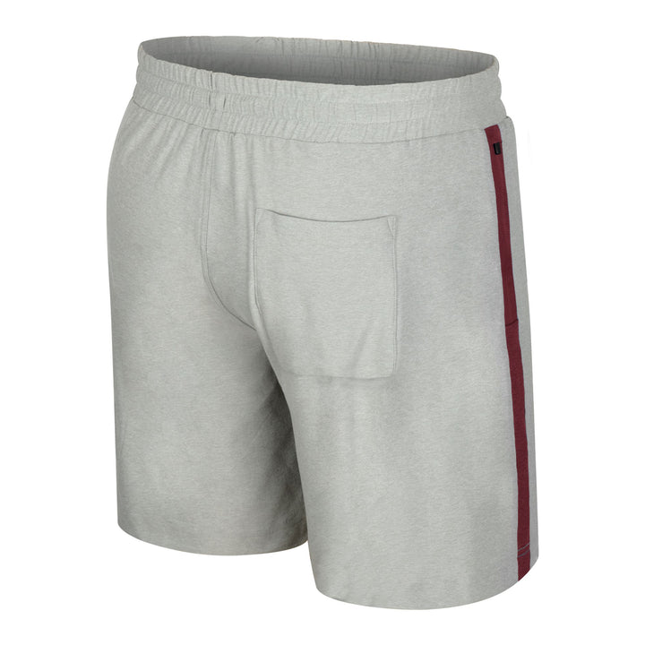 grey shorts with a maroon stripe on the sides. back pocket on the right side.