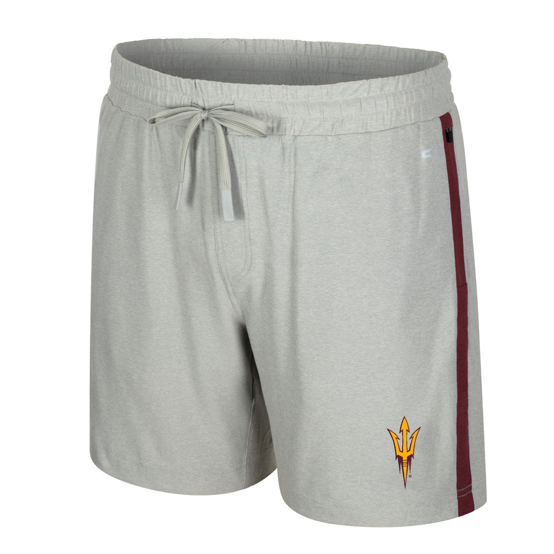 grey shorts with drawstring in front and pitchfork logo on the bottom right corner. Maroon stripe along the sides of the shorts