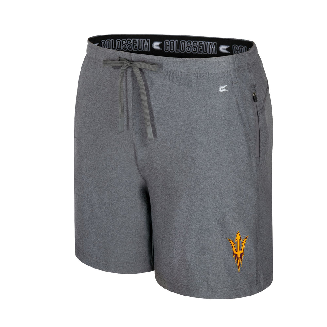 Gray shorts with a logo on a white background