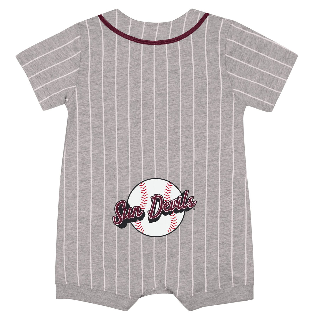Gray pinstripe baby romper with 'Sun Devils' design on a white background