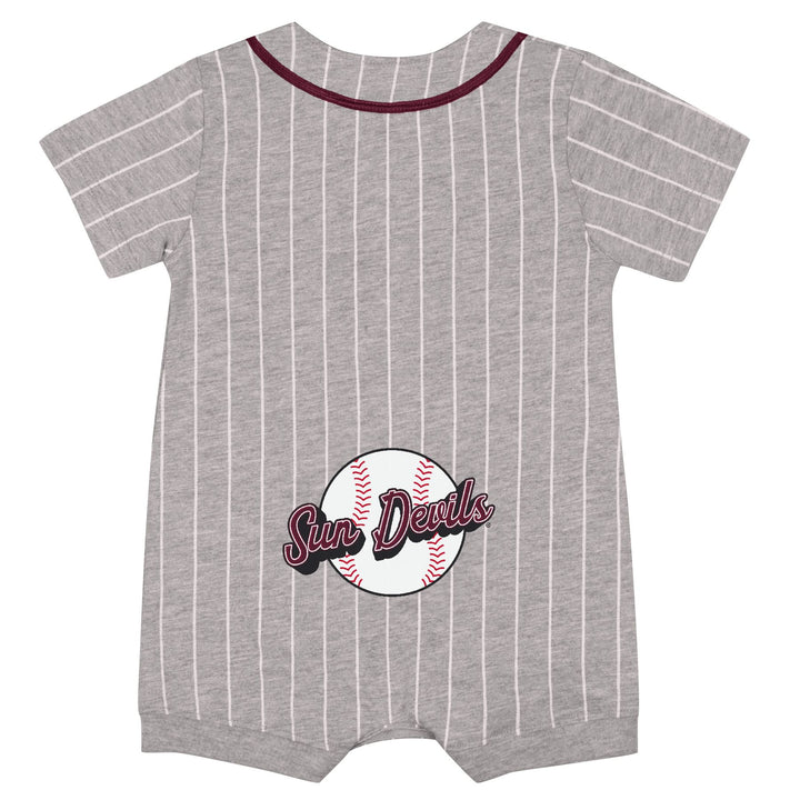 Gray pinstripe baby romper with 'Sun Devils' design on a white background