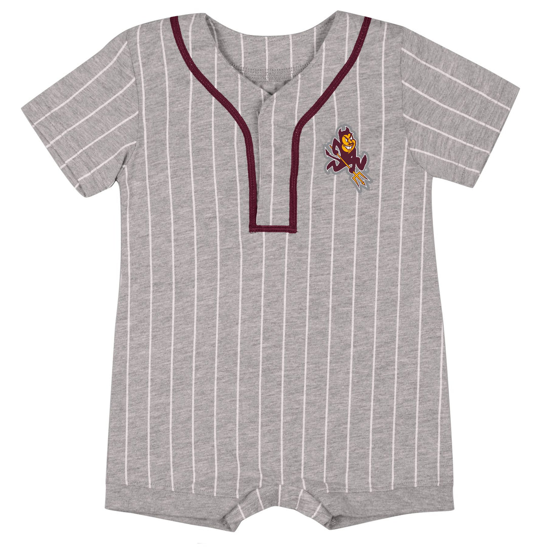 Gray striped baby romper with maroon accents and a logo on a white background