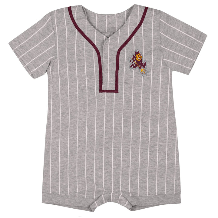 Gray striped baby romper with maroon accents and a logo on a white background