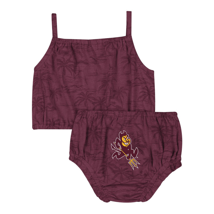Maroon baby set with top and diaper featuring a logo on a white background