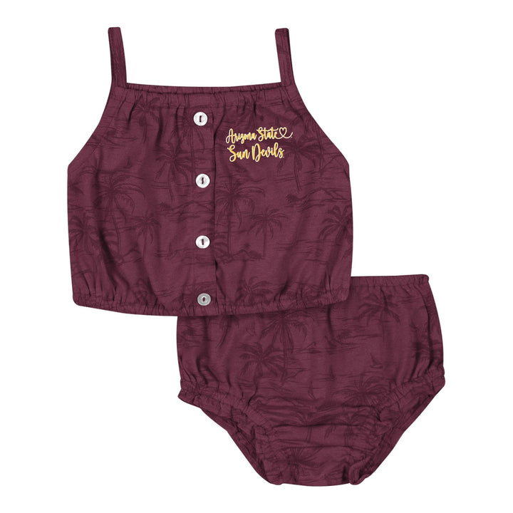 Maroon baby outfit with buttons and 'Arizona State Sun Devils' text on a white background
