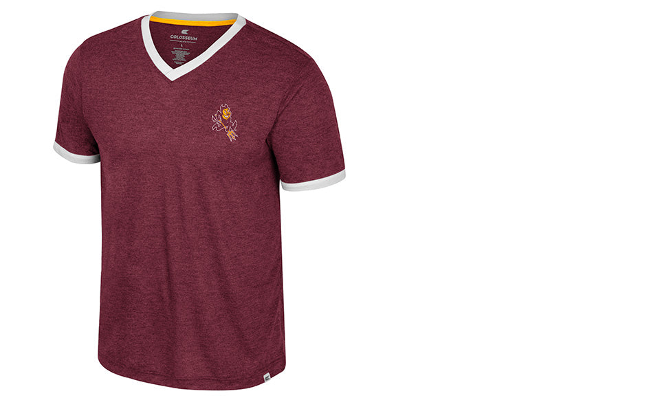 Short sleeve maroon v-neck tee with white  trim on sleeve hem and collar and charging Sparky on left breast