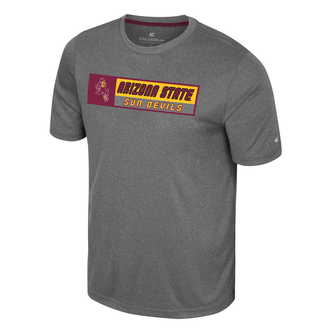 heather charcoal tee. Arizona State Sun Devils written in a maroon outlined box with Sparky