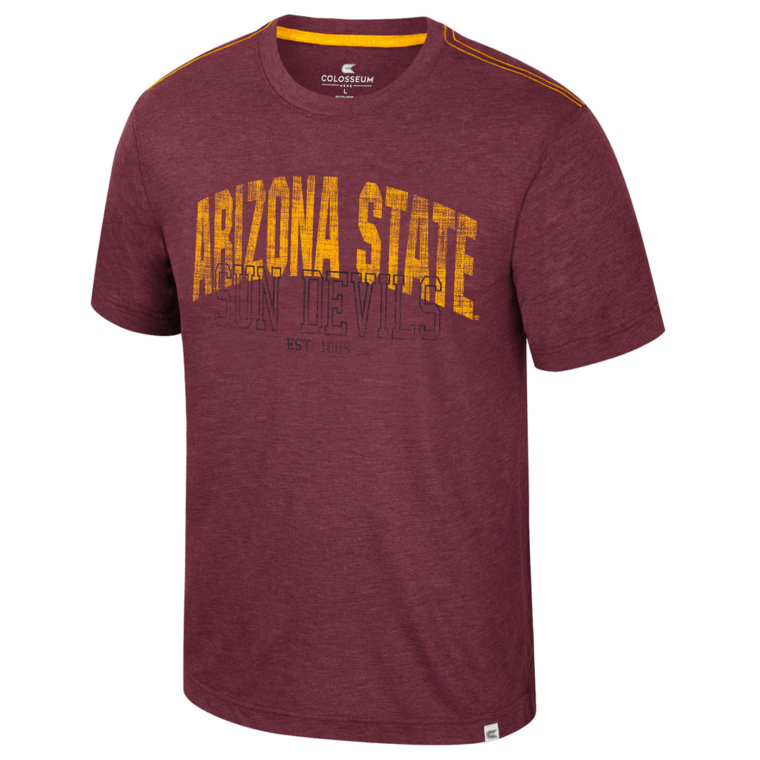 Maroon tee with school name and mascot on the the front