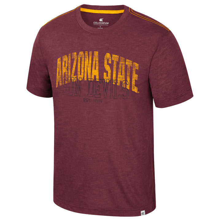 Maroon tee with school name and mascot on the the front