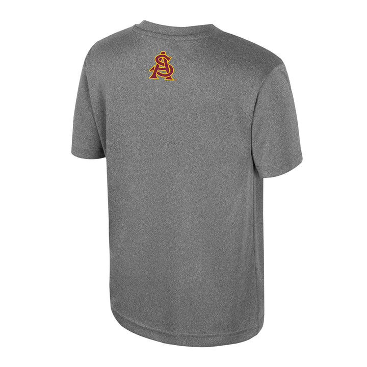 back of heather charcoal tee with A&S logo at top center