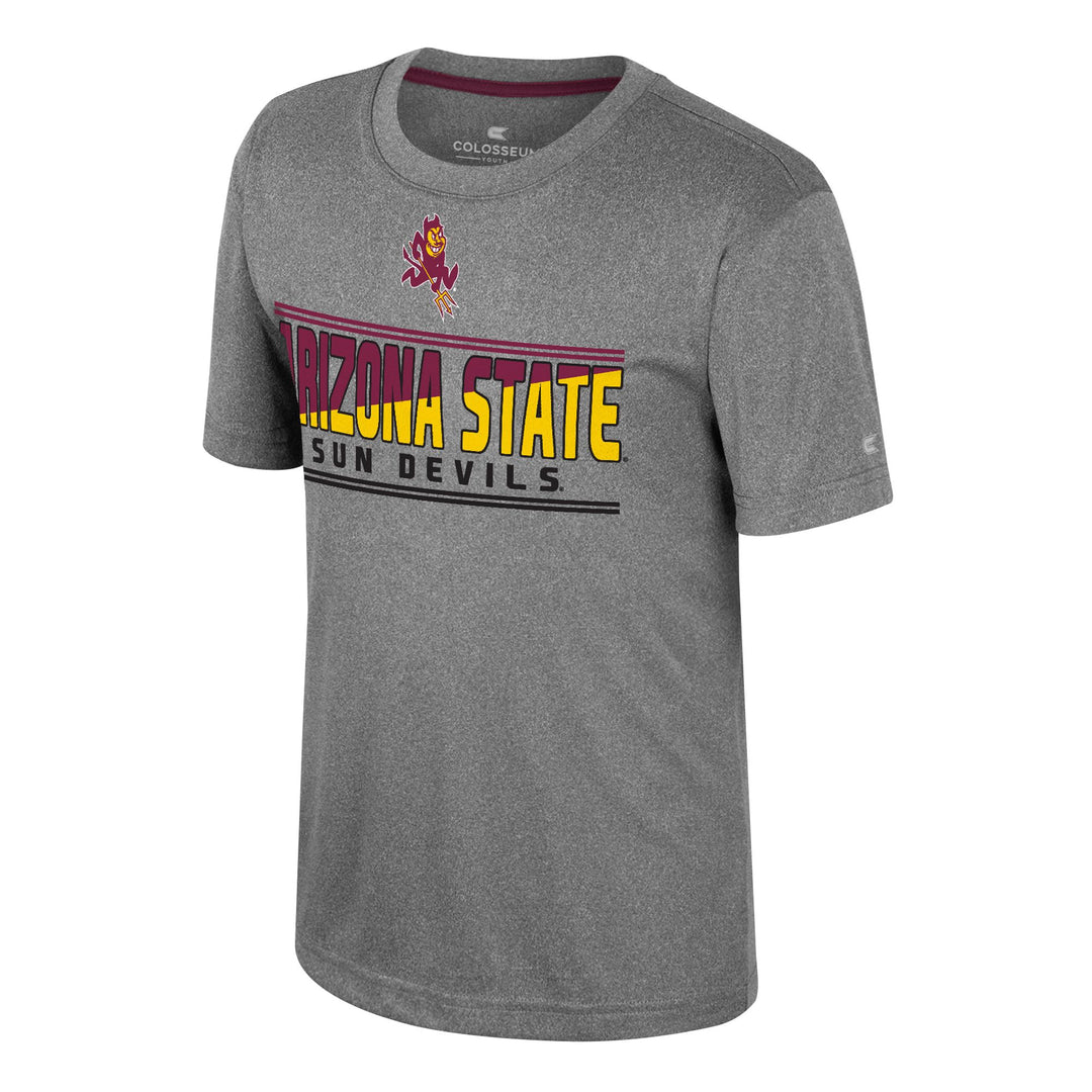 heather charcoal tee with Sparky in the top center. Below is "Arizona State Sun Devils"