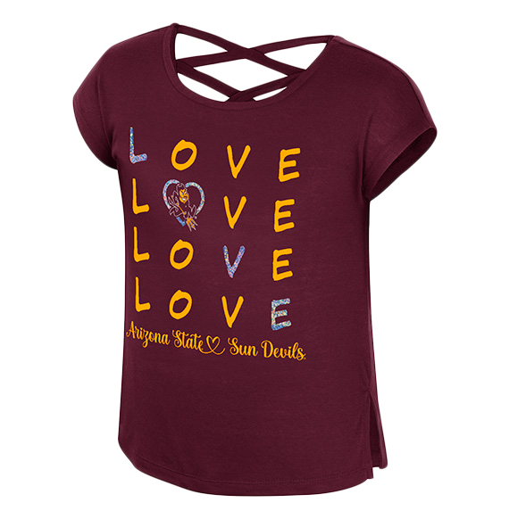 maroon tee with "Love" written four times. Sparky is in the 2nd row in the letter O, which is shaped as a heart. Arizona State Sun Devils is written in cursive gold at the botttom