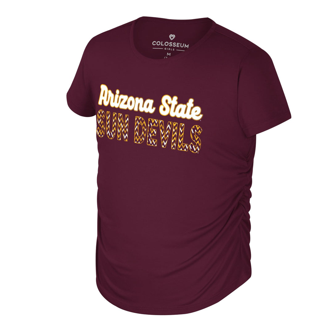 Maroon tee with white, maroon, and gold lettering across the front.