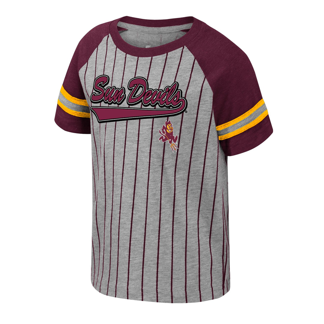 Baseball-style t-shirt with 'Sun Devils' text and logo on a white background