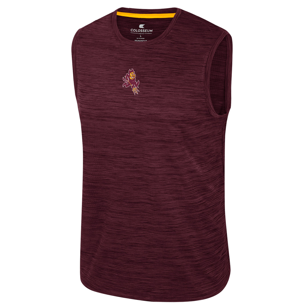 Maroon sleeveless shirt with a logo on a white background