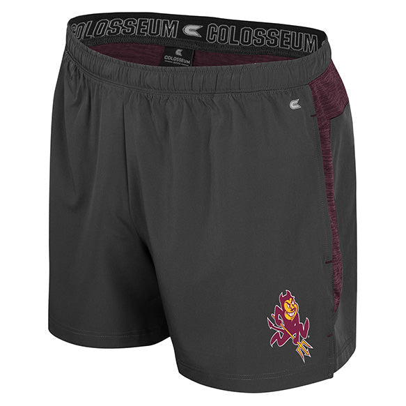 ASU Gray shorts with maroon stripe down sides and back with sparky logo on the bottom left