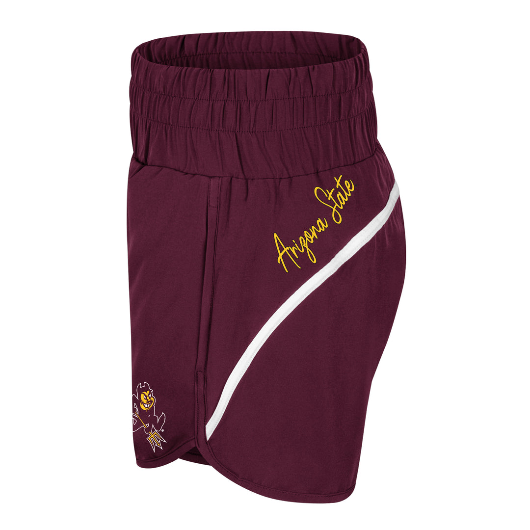 Maroon shorts with Arizona State written at the back left hip and a white stripe going across the back. 