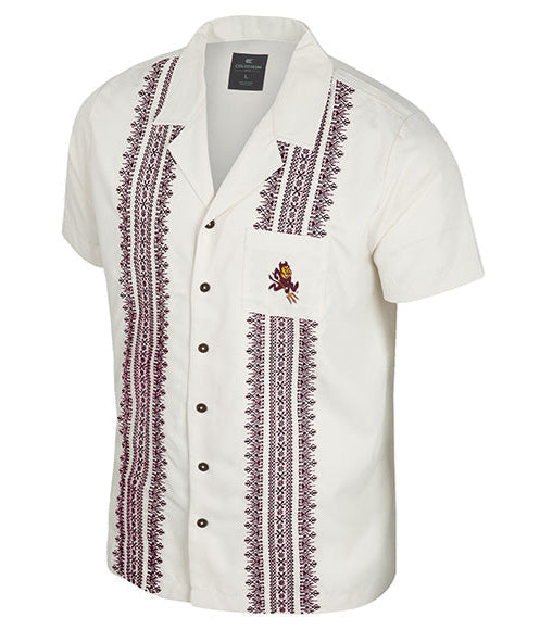 Short sleeve white button down with maroon scrolling down either side with a plain white pocket on the left breast with charging Sparky