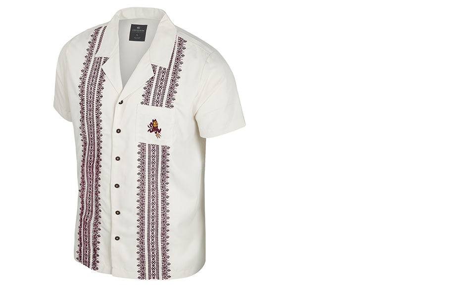 Short sleeve white button down with maroon scrolling down either side with a plain white pocket on the left breast with charging Sparky