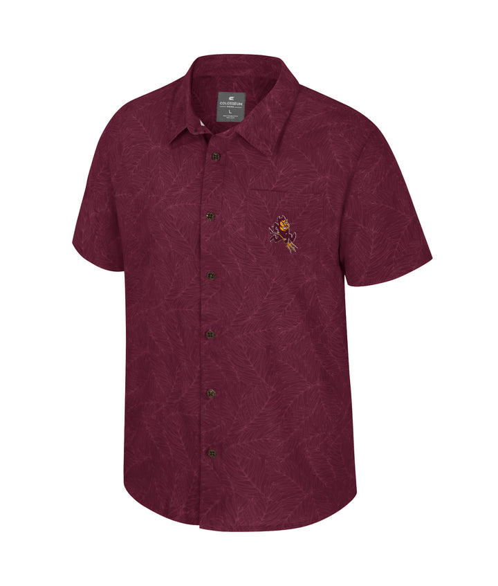 Maroon short-sleeve button-up shirt with a logo on a white background