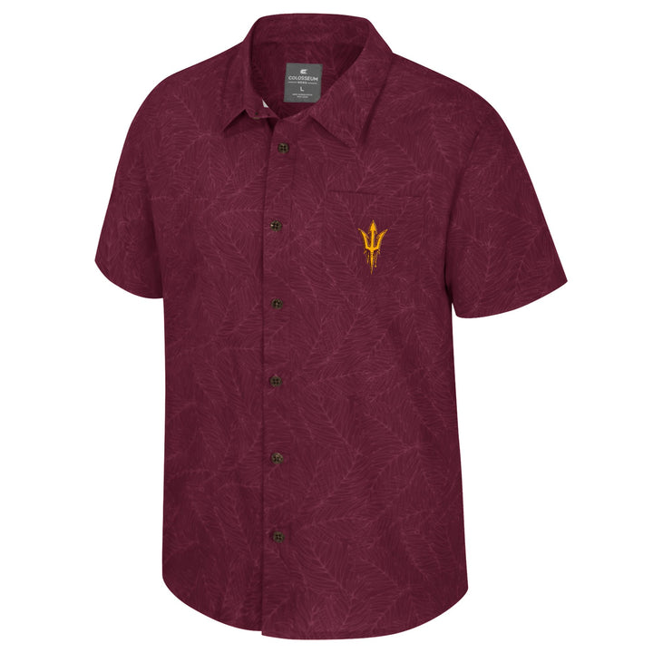 Maroon short-sleeve shirt with a logo on a white background