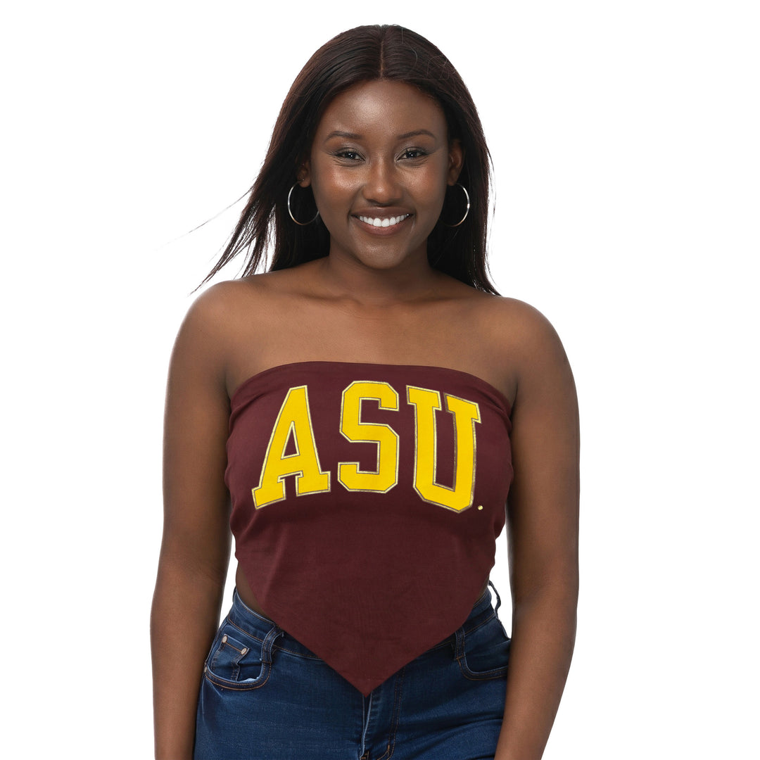 tie-back bandeau in maroon with ASU in gold