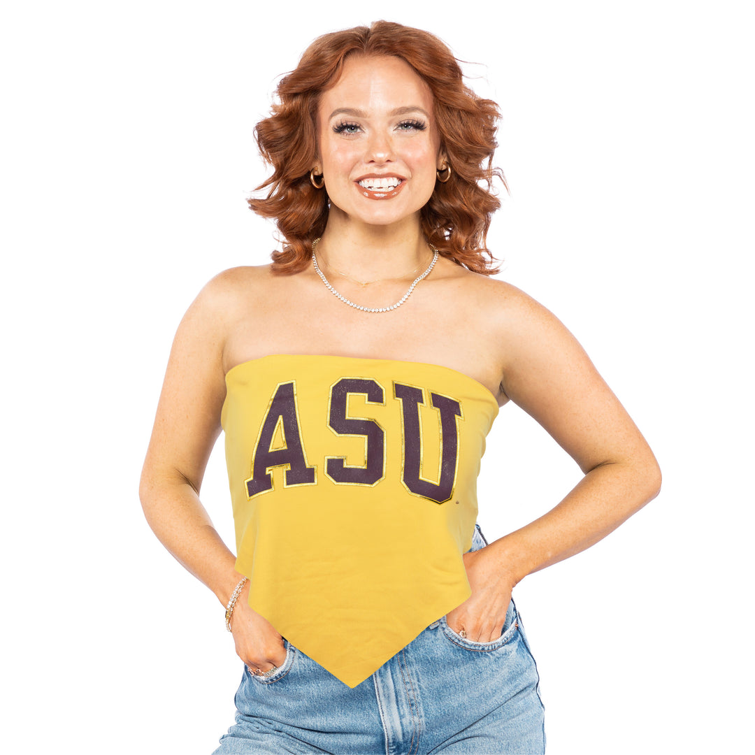 Gold tie back 0top with ASU across the chest 