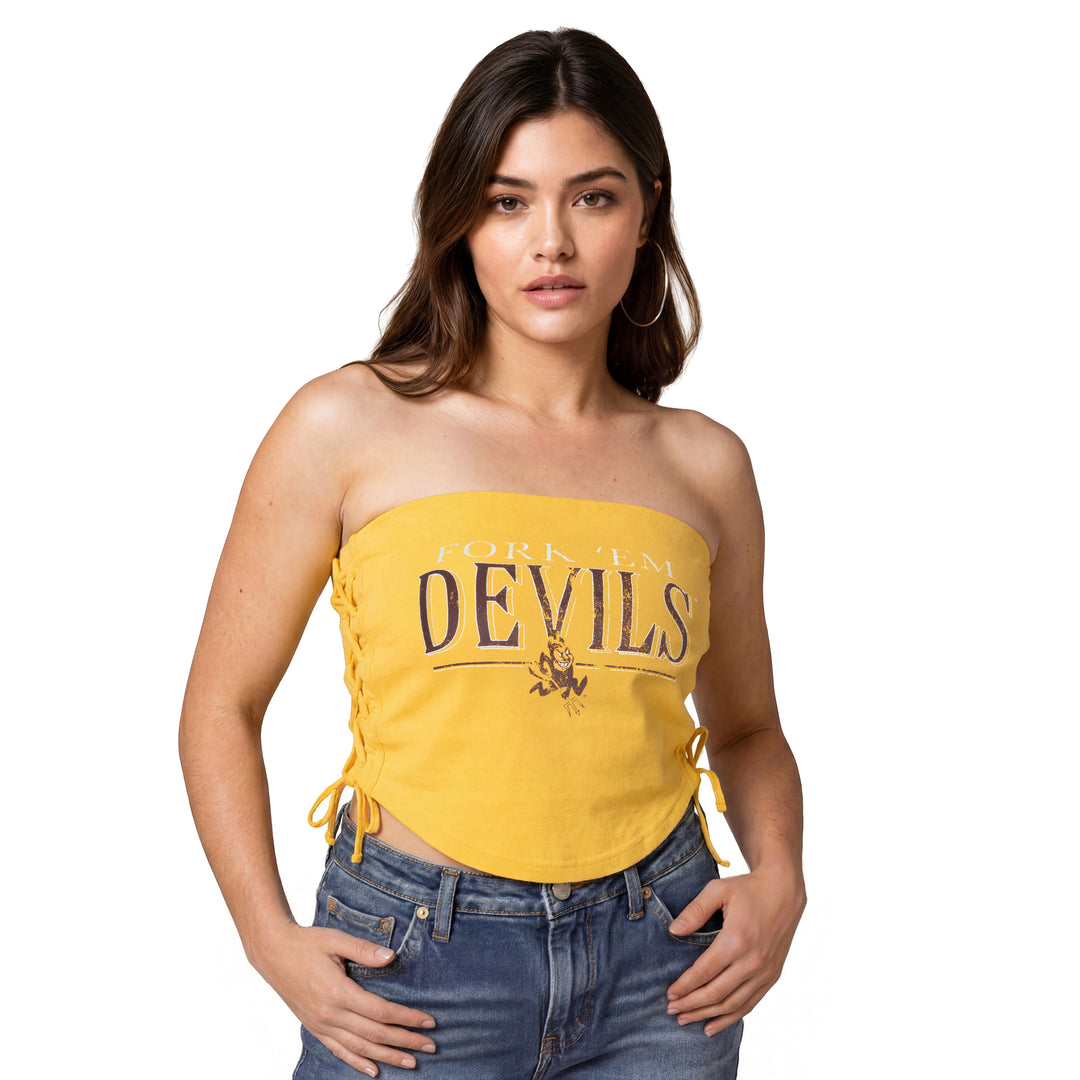 Gold tube top with laces going up the sides and Fork &