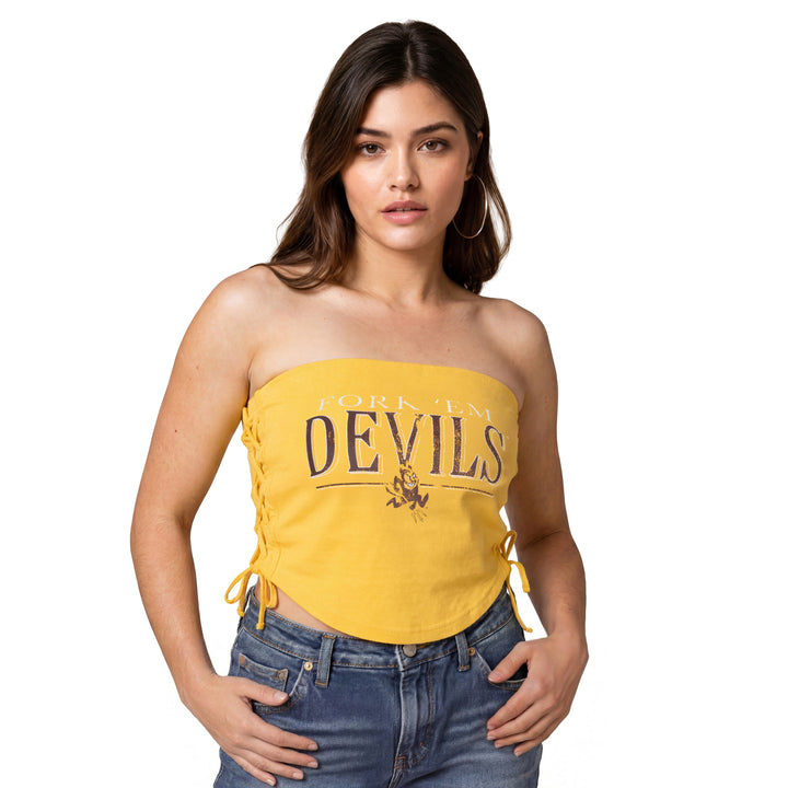 Gold tube top with laces going up the sides and Fork &