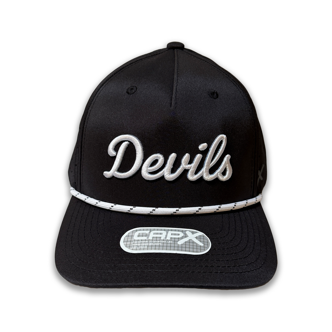 Black structured hat with white cursive "devils" text and white rope