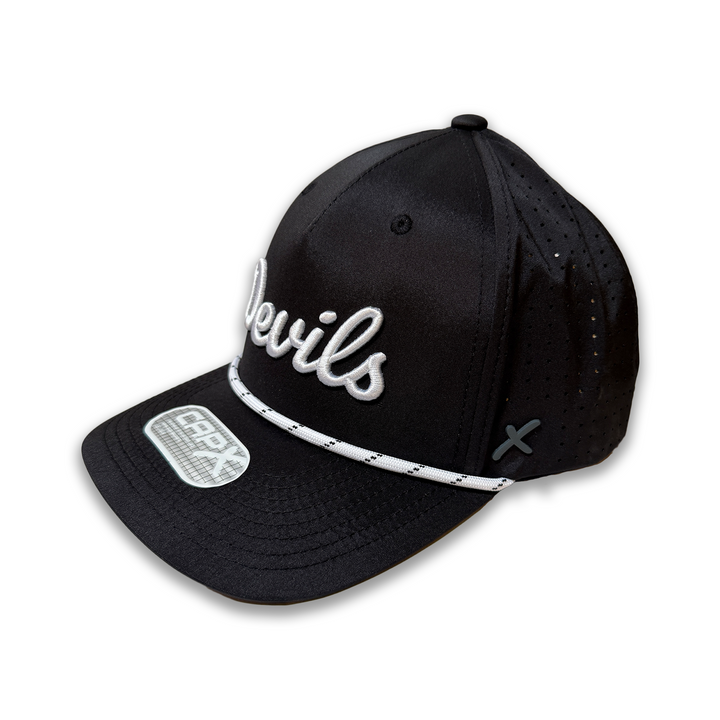Black structured hat with white cursive "devils" text and white rope