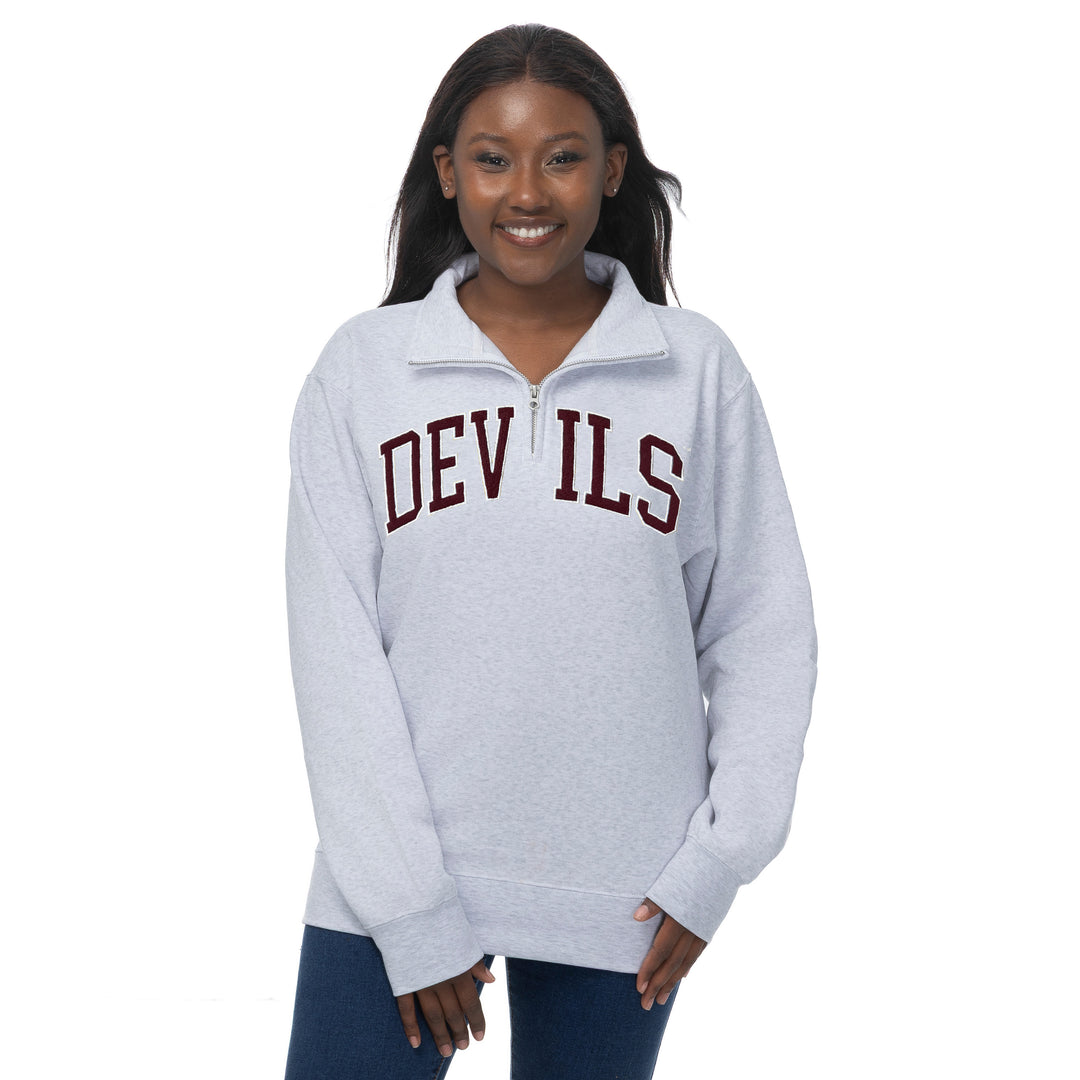 Grey quarter zip with maroon Devils across the chest.