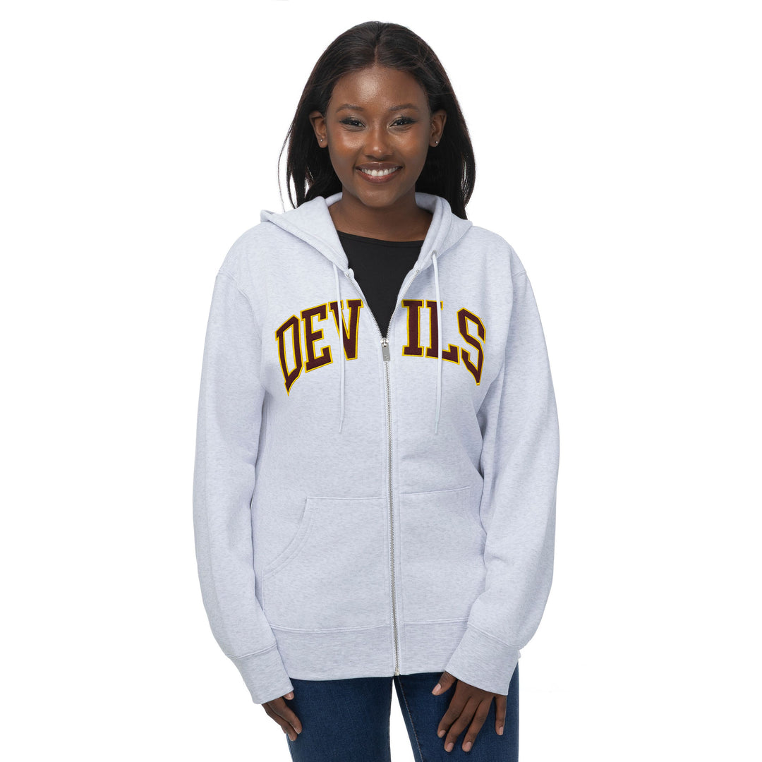 Grey full zip hooded sweatshirt with Devils across the chest
