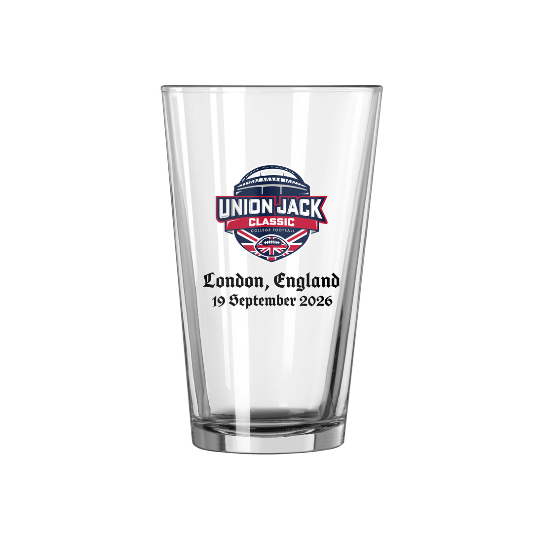 pint glass with Union Jack CLassic logo and text below reading "London, England 19 September 2026"