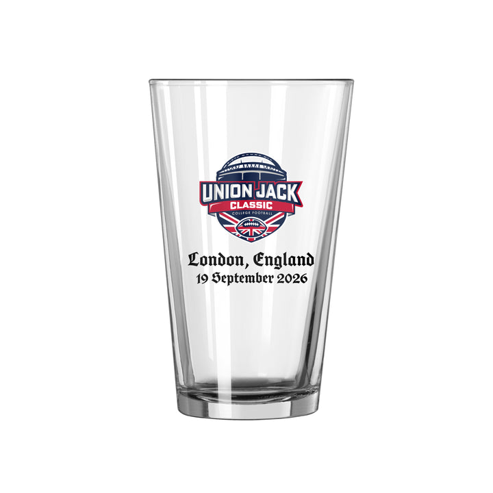 pint glass with Union Jack CLassic logo and text below reading "London, England 19 September 2026"