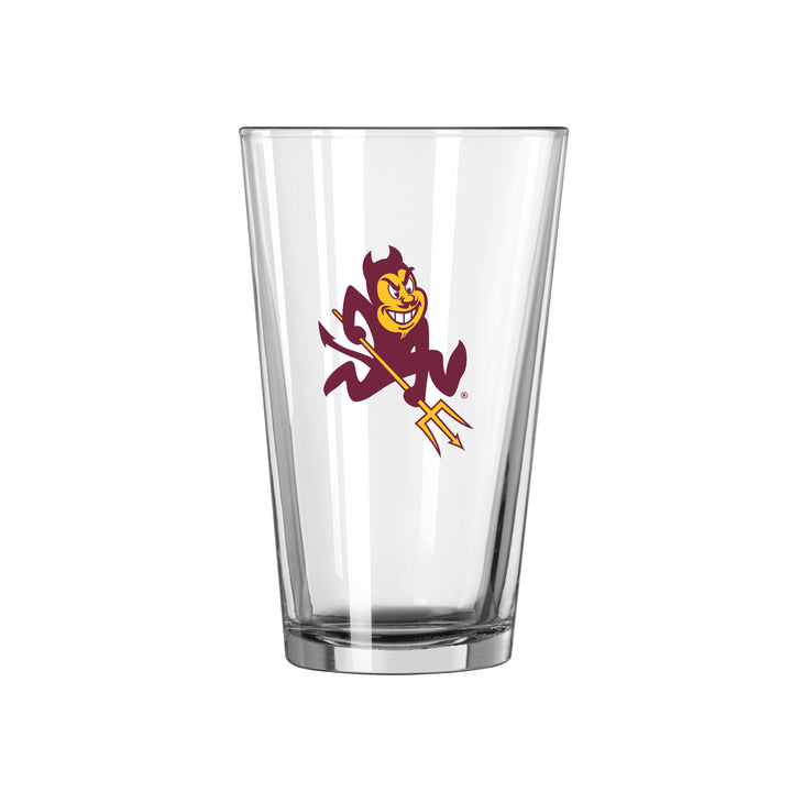 pint glass with sparky logo on it