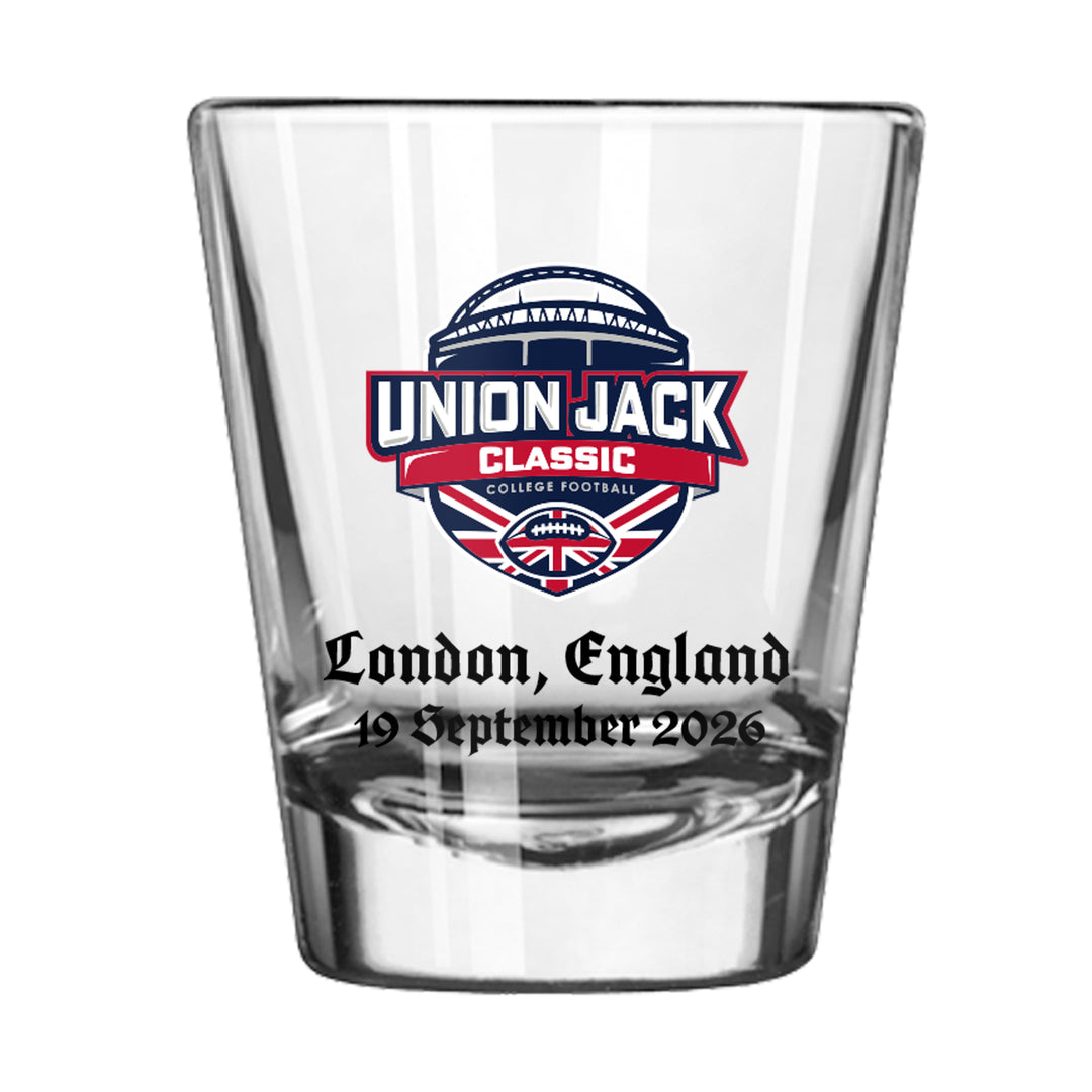 shot glass with Union Jack Classic logo on the front. Text below says"London, England 19 September 2026"