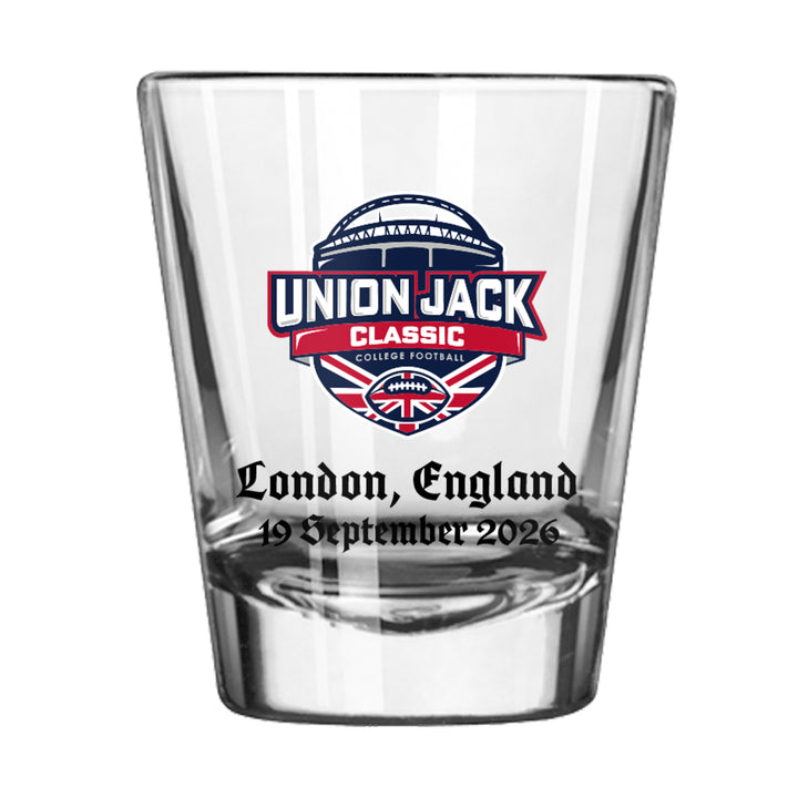 shot glass with Union Jack Classic logo on the front. Text below says"London, England 19 September 2026"